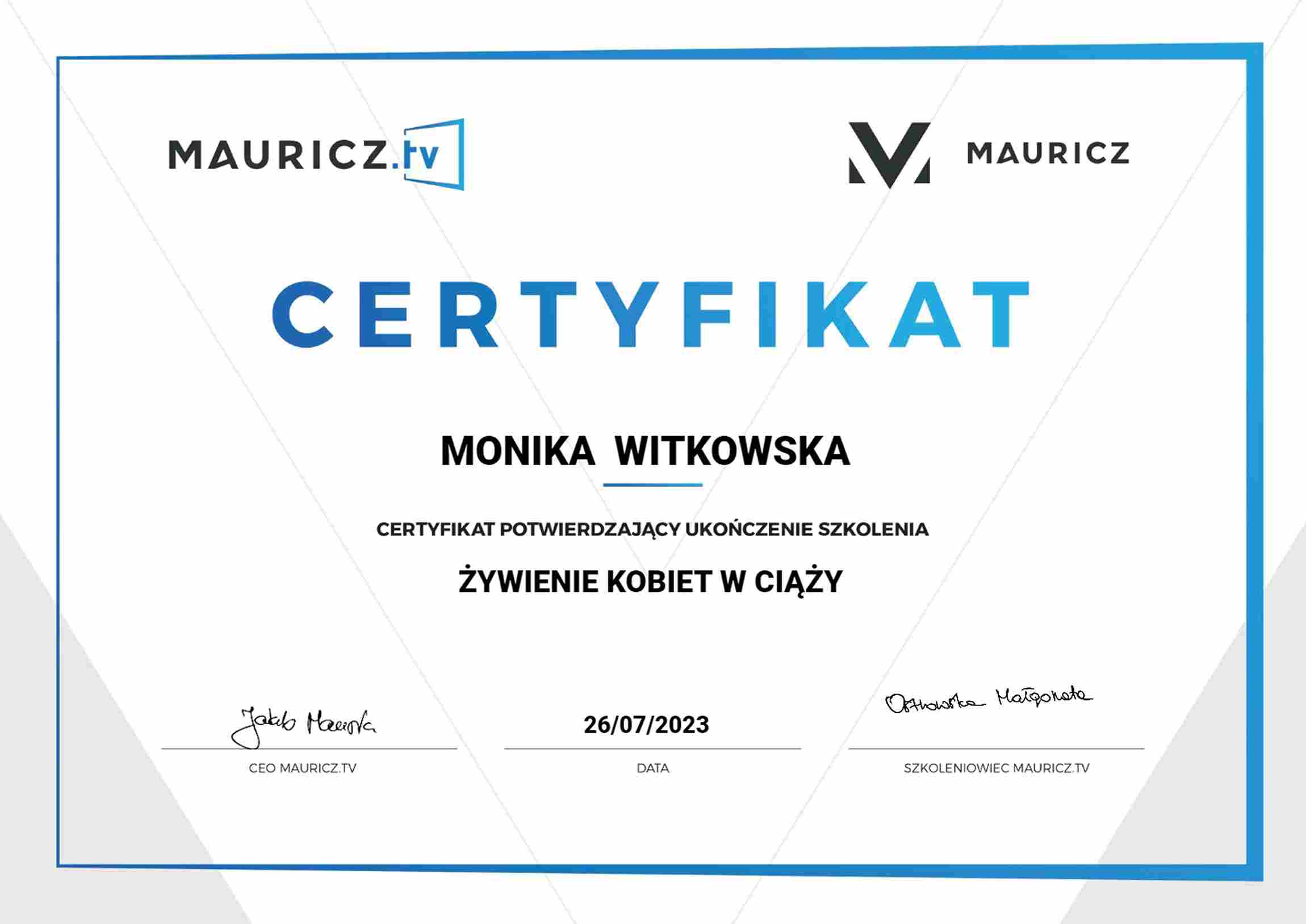 certyfikat żywienie w ciąży